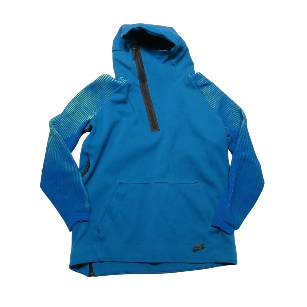 Nike Hoodie Sweatshirt Mens Large Blue 1/2 Zip Striped Sleeves Fleece Pullover